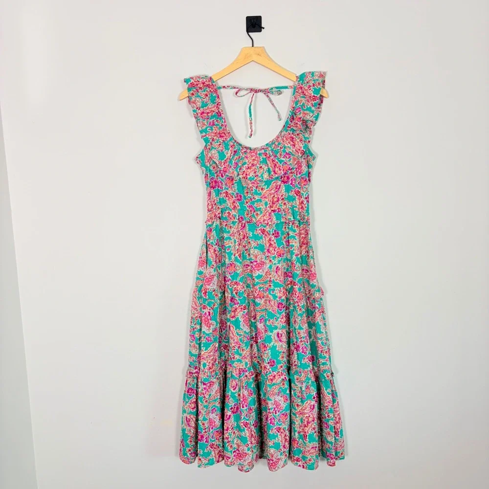 J Crew Womens Floral Paisley Ruffle Tiered Midi Sundress Green Pink 4 - Picture 7 of 10
